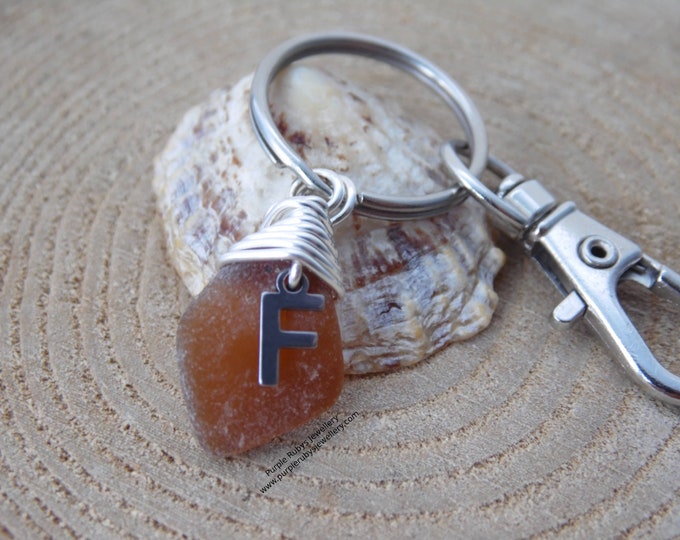 Initial 'F' Amber Cornish Sea Glass ~ Bag Charm ~ Key Ring