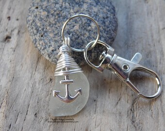 Seafoam Cornish Sea Glass with Anchor Charm ~ Bag Charm ~ Key Ring