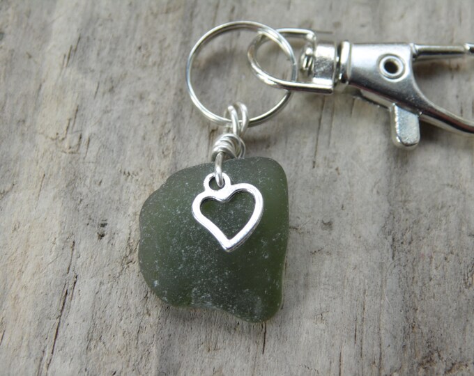 Olive Green Cornish Sea Glass with Heart Charm ~ Bag Charm ~ Key Ring