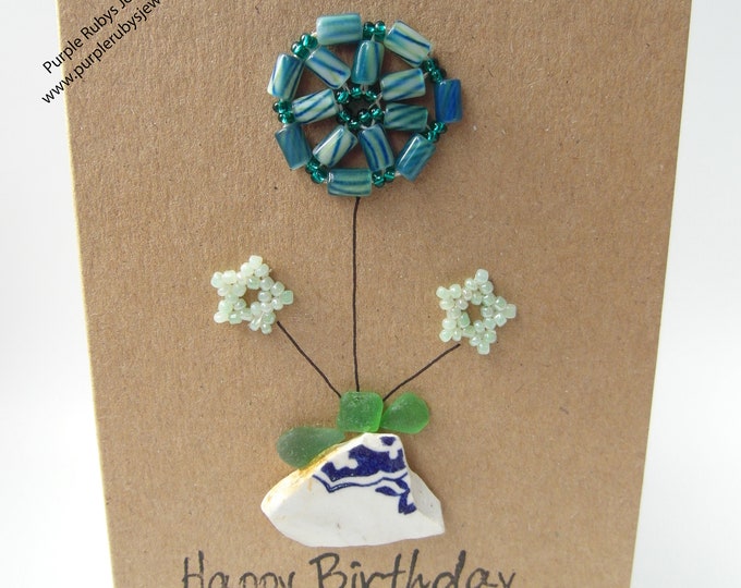 Green Striped & Mint Beaded Flowers Birthday Card