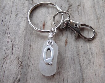 Initial 'Q' White Cornish Sea Glass ~ Bag Charm ~ Key Ring