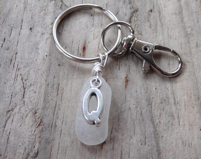 Initial 'Q' White Cornish Sea Glass ~ Bag Charm ~ Key Ring