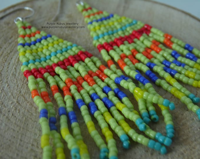 Lime Rainbow Opaque Fringe Statement Earrings