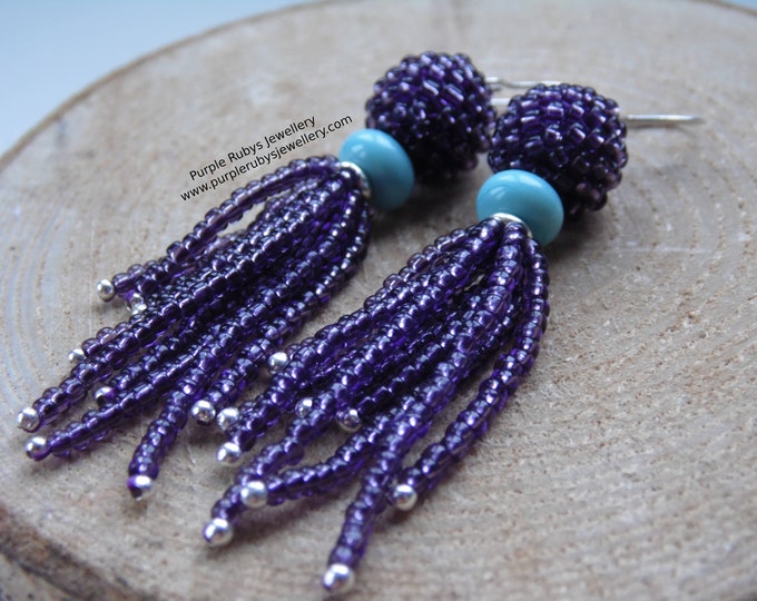 Dark Purple & Turquoise Tassel Boho Beaded Earrings