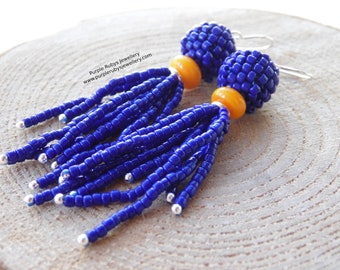 Cobalt & Orange Tassel Boho Beaded Earrings