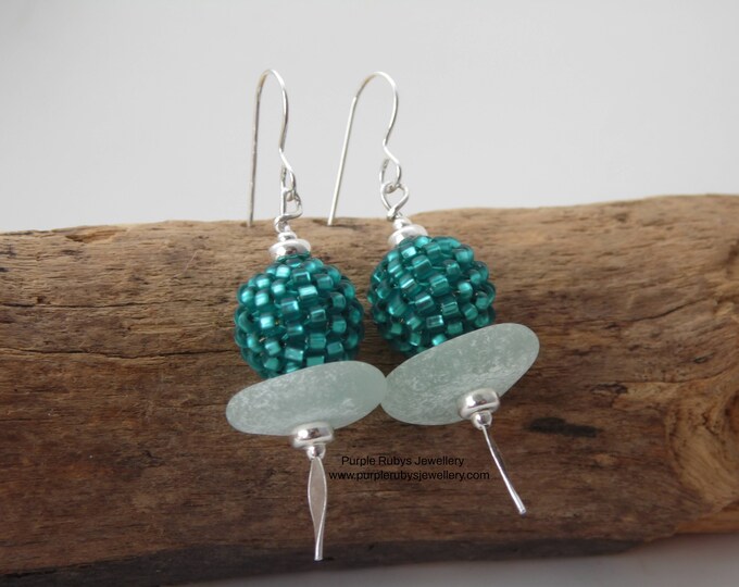 Seafoam Cornish Sea Glass with Matt Teal Woven Bead Earrings