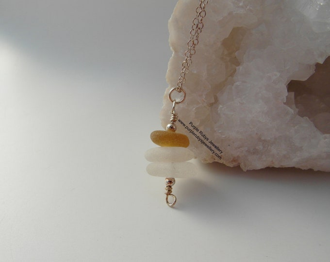 Amber and White Cornish Sea Glass Stack Necklace