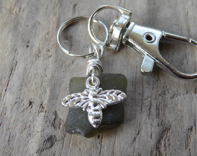 Olive Green Cornish Sea Glass with Bee Charm Key Ring ~ Bag Charm