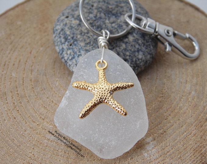 White Sea Glass with Gold Starfish Charm ~ Bag Charm ~ Key Ring