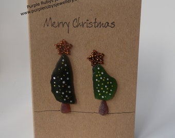 Sea Glass Christmas Trees with Gold & Silver Lights Christmas Card