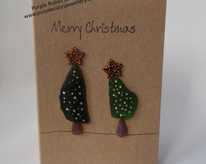 Sea Glass Christmas Trees with Gold & Silver Lights Christmas Card