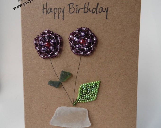 Purple Beaded Flowers Happy Birthday Card