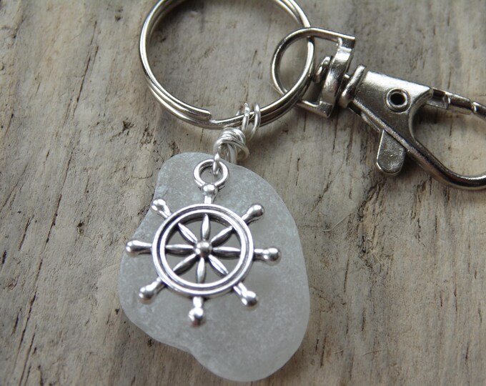 White Cornish Sea Glass with Ships Wheel Charm Key Ring ~ Bag Charm