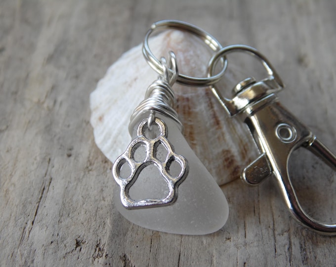 White Cornish Sea Glass with Paw Print Charm Key Ring ~ Bag Charm