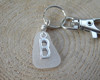 Initial 'B' White Cornish Sea Glass ~ Bag Charm ~ Key Ring