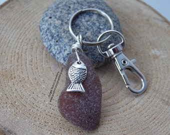Amber Cornish Sea Glass with Fish Charm ~ Bag Charm ~ Key Ring