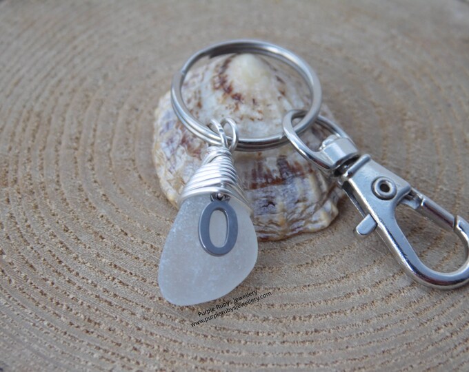 Initial 'O' White Cornish Sea Glass ~ Bag Charm ~ Key Ring