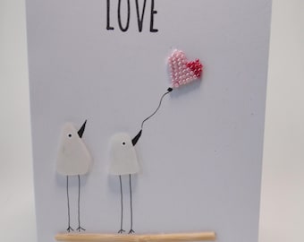 Sea Glass Birds Pink & Red Lustre Heart Love Valentines Wedding Engagement Card