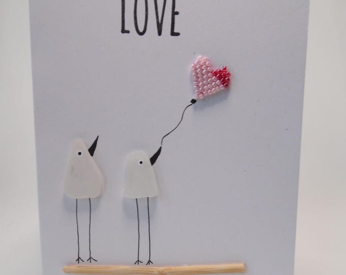 Sea Glass Birds Pink & Red Lustre Heart Love Valentines Wedding Engagement Card