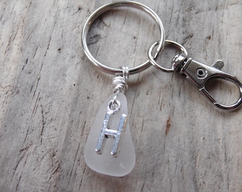 Initial 'H' White Cornish Sea Glass ~ Bag Charm ~ Key Ring
