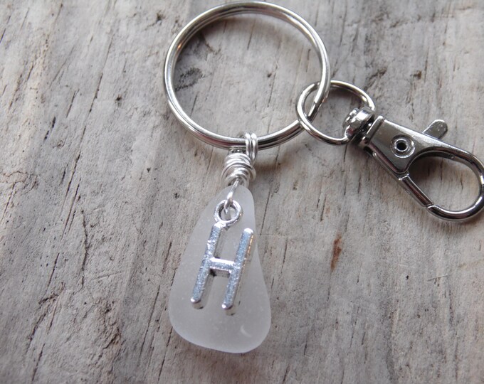 Initial 'H' White Cornish Sea Glass ~ Bag Charm ~ Key Ring