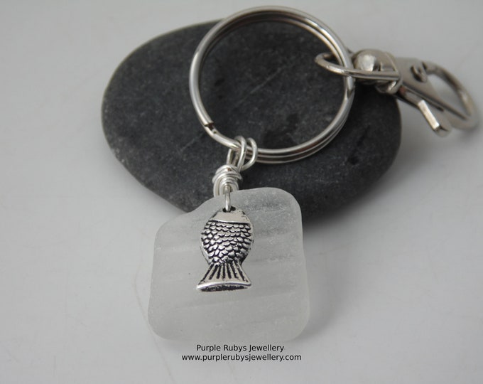 White Ridged Sea Glass with Fish Charm ~ Bag Charm ~ Key Ring