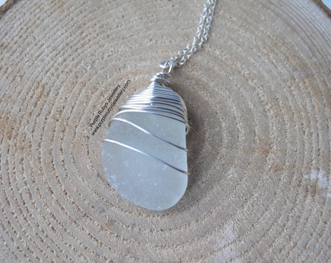 White Spiral Wrapped Cornish Sea Glass Necklace