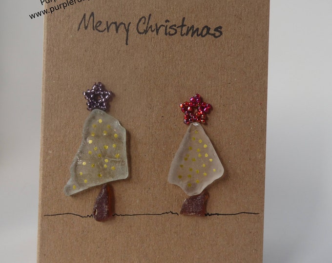 Sea Glass Snowy Christmas Trees with Gold Lights Christmas Card