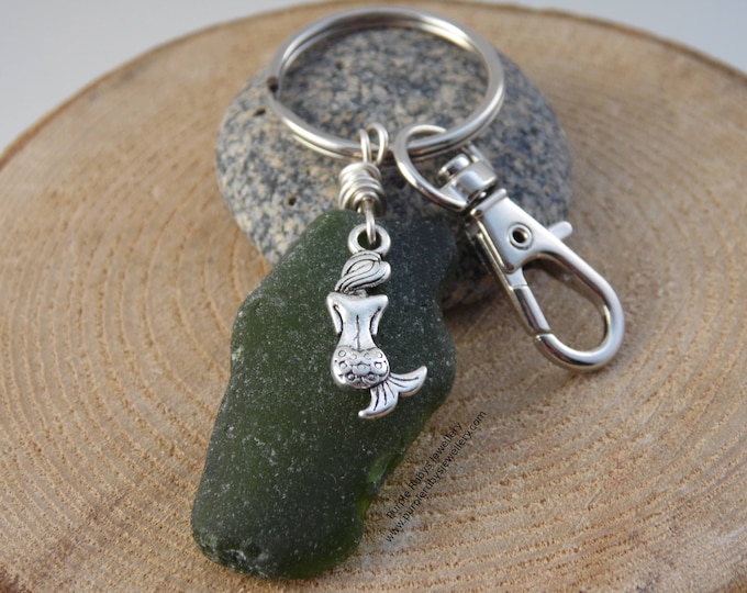 Olive Green Sea Glass with Mermaid Charm ~ Bag Charm ~ Key Ring