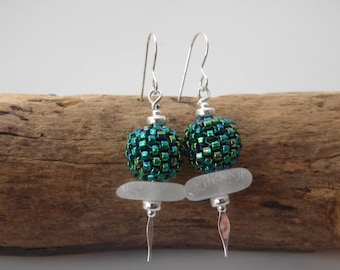 White Cornish Sea Glass with Deep Green Aurora Woven Beads Earrings
