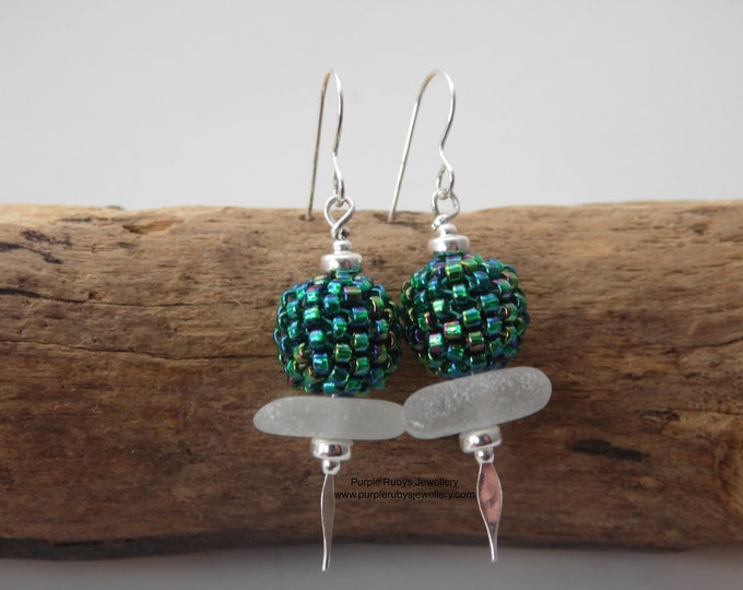 White Cornish Sea Glass with Deep Green Aurora Woven Beads Earrings