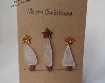 Sea Glass Snowy Christmas Trees with Purple Lights Christmas Card