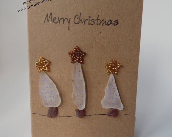 Sea Glass Snowy Christmas Trees with Purple Lights Christmas Card