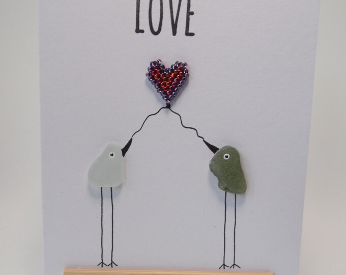 Sea Glass Birds Pink & Purple Heart Love Valentines Wedding Engagement Card