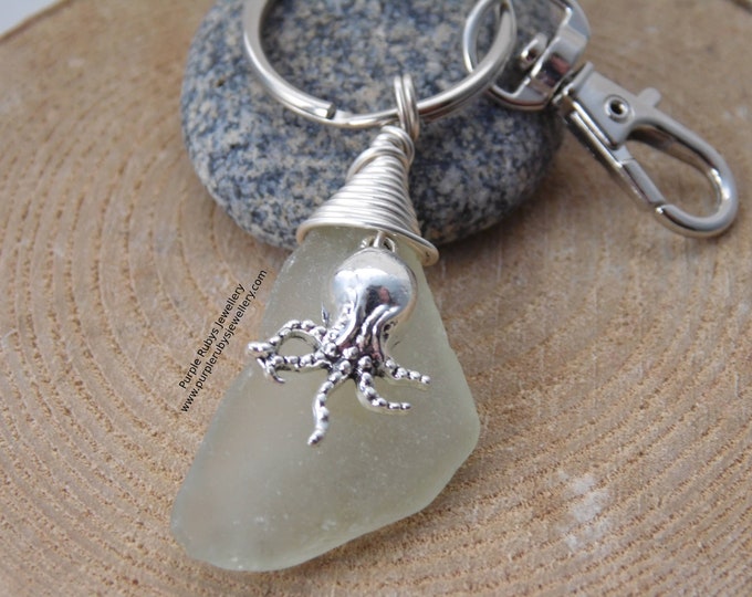 Pale Green Sea Glass with Octopus Charm ~ Bag Charm ~ Key Ring