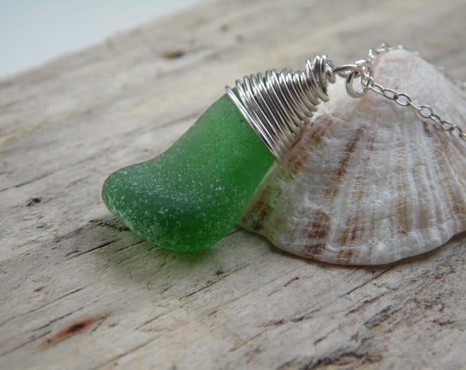Bright Bottle Green Cornish, Marazion Sea Glass Necklace