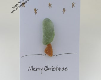 Sea Glass Christmas Tree with Gold Stars Christmas Card