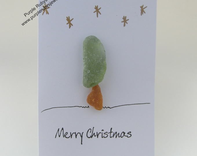 Sea Glass Christmas Tree with Gold Stars Christmas Card