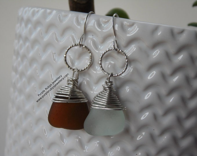 Mismatched Amber & Seafoam Portreath Cornish Sea Glass Earrings on Diamond Cut Rings