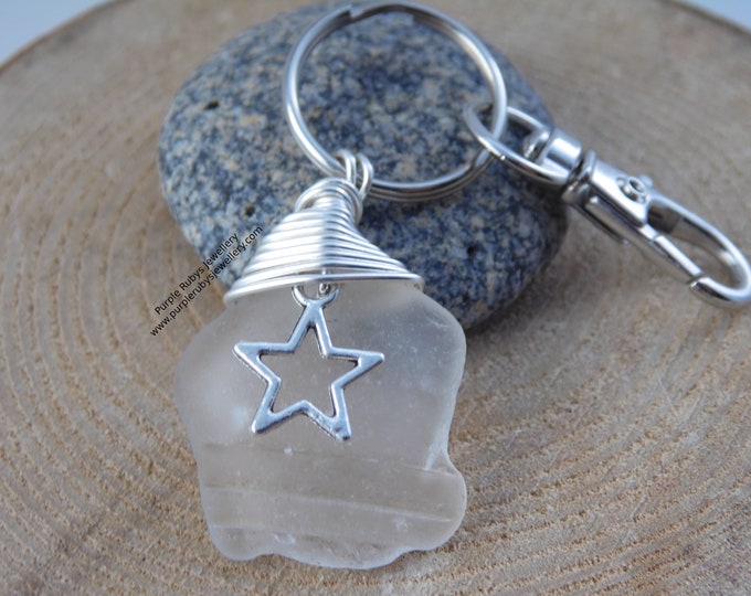 White Ridged Sea Glass with Star Charm ~ Bag Charm ~ Key Ring