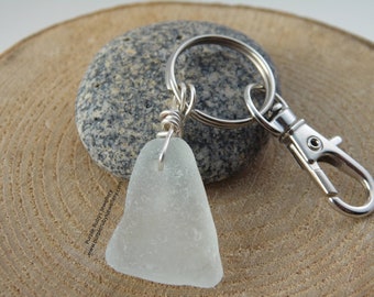 White Triangle Sea Glass ~ Bag Charm ~ Key Ring