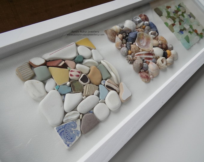 Cornish Beach Treasures - Pottery, Sea Shells, Sea Glass - Three Filled Squares Long Picture