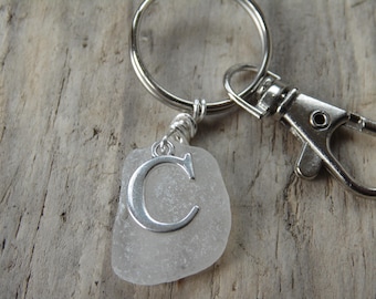 Initial 'C' White Cornish Sea Glass ~ Key Ring ~ Bag Charm