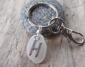 Initial 'H' White Cornish Sea Glass ~ Bag Charm ~ Key Ring