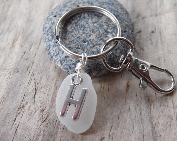 Initial 'H' White Cornish Sea Glass ~ Bag Charm ~ Key Ring