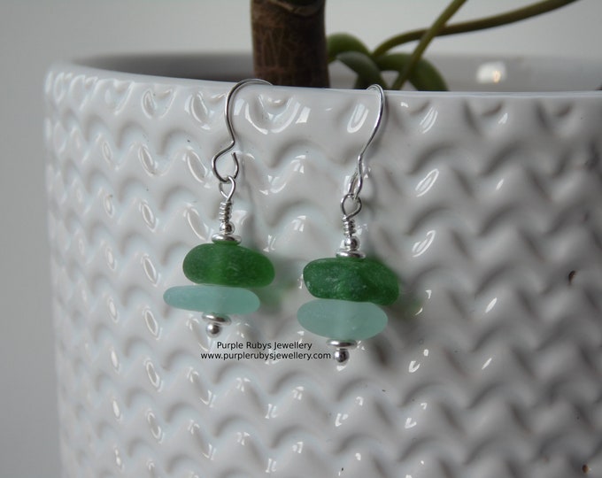 Bottle Green & Seafoam Cornish Sea Glass Stack Earrings