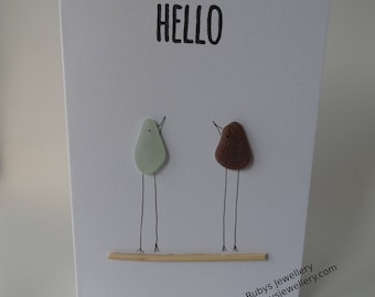 Long Legged Sea Glass Birds on a Perch 'Hello' Card