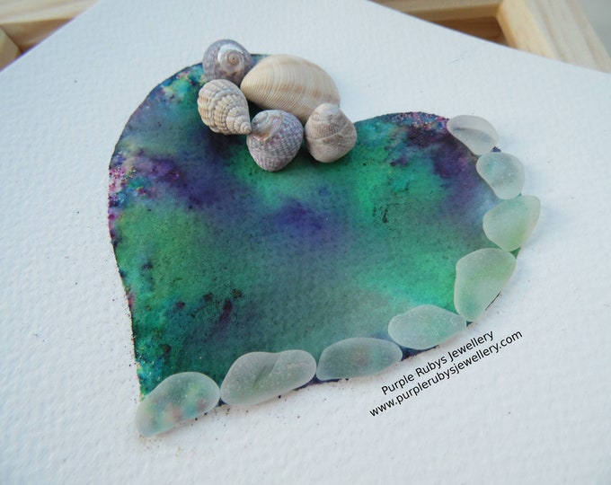 Purple & Turquoise Tie-Dye Heart of Cornwall Sea Glass, Sea Shell Picture