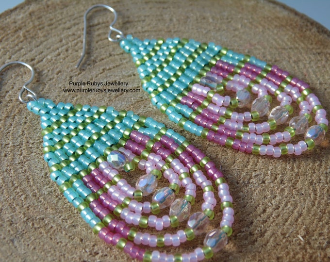 Mint, Lime & Pink Tones Beaded Teardrop Earrings