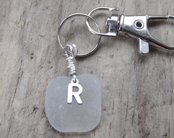 Initial 'R' White Cornish Sea Glass ~ Bag Charm ~ Key Ring